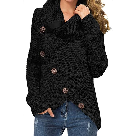 Women's Solid Color Asymmetric Hem Button Knit Pullover Sweater